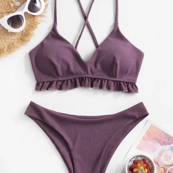 ZAFUL Ruffled Crisscross Ribbed Bikini Swimsuit - Dull Purple S - Picture 2 of 7